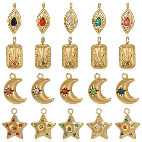 Vintage Edelstahl Anhänger Stern Mond Blatt Geometrische Sonnenstrahl Charms Mit Bunten Strasssteinen Für DIY Schmuckherstellung