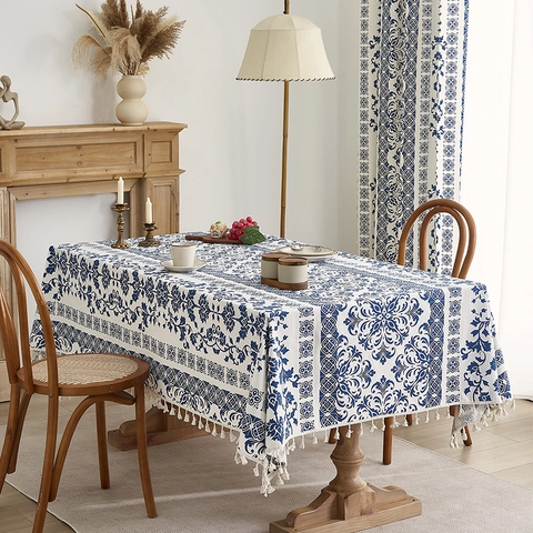 Blue And White Porcelain Tablecloth Polyester Cotton Blend Rectangular Dining Table Cover With Tassel Edge Dustproof