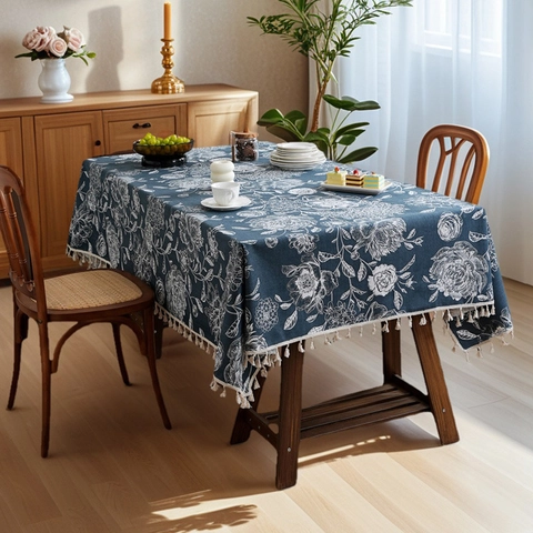 Vintage Französische Blumen Tischdecke Polyester Baumwolle Rechteck Staubdicht Tischbezug Mit Quasten Für Esszimmer Küche Deko