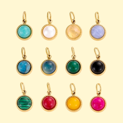 Round Stainless Steel Pendant Charm With Colorful Gemstone Vintage DIY Jewelry Making Accessories Gold Plated