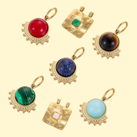 Vintage Titanium Steel Fan Shaped Pendant With Natural Stone Retro Inlaid Geometric Charms For DIY Necklace Making
