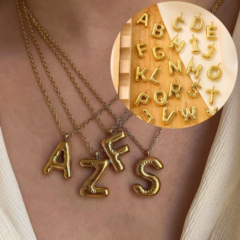 14K Gold Plated Stainless Steel Balloon Alphabet Pendant Necklace 3D Bubble Letter Puffy Initial Pendant For Women Jewelry