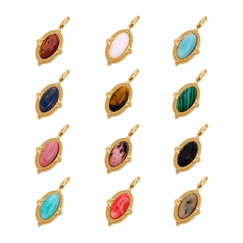 Vintage Edelstahl Oval Anhänger Mit Naturstein Inlay Retro Perlen Textur Für DIY Halsketten Herstellung Elegante Damen Schmuckzubehör