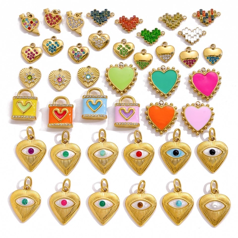 Stainless Steel Heart Evil Eye Pendant For DIY Jewelry Making Enamel Cubic Zirconia Cupid Arrow Lock Gold Plated Accessory