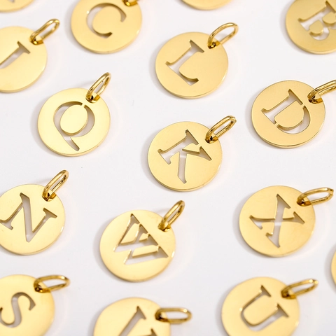 Stainless Steel 14K Gold Plated Initial Alphabet Letter Pendant Round Hollow Charm For DIY Necklace Bracelet Jewelry Making