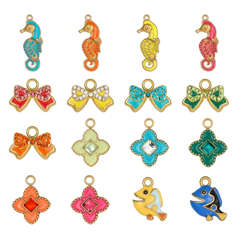 DIY Edelstahl Emaille Anhänger Für Schmuckherstellung Gold Vergoldet Strass Schleife Kleeblatt Seepferdchen Fisch Charm Zubehör