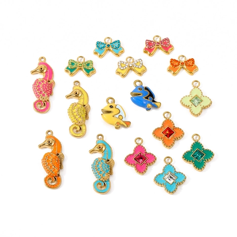 DIY Edelstahl Emaille Anhänger Für Schmuckherstellung Gold Vergoldet Strass Schleife Kleeblatt Seepferdchen Fisch Charm Zubehör