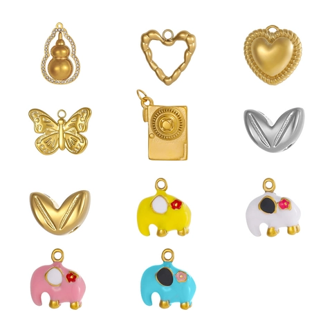 Stainless Steel Elephant Heart Butterfly Camera Gourd Pendants For DIY Jewelry Making Accessories Enamel Rhinestone Charms