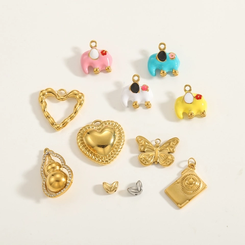 Stainless Steel Elephant Heart Butterfly Camera Gourd Pendants For DIY Jewelry Making Accessories Enamel Rhinestone Charms