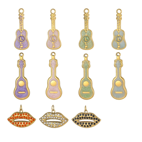 Stainless Steel Guitar Lips Pendant Charms For Jewelry Making DIY Colorful Enamel Rhinestone Inlaid Fashion Accessory Pendant Only (Without Chain)