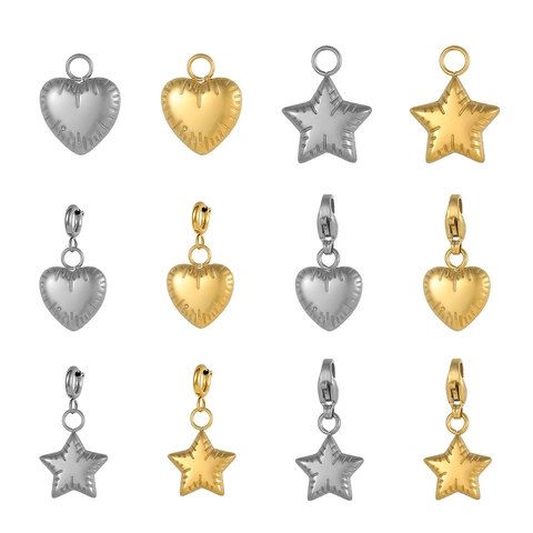 Stainless Steel Heart Star Puffy Pendant With Lobster Clasp 3D Quilted DIY Jewelry Making Accessories Gold Silver Charm