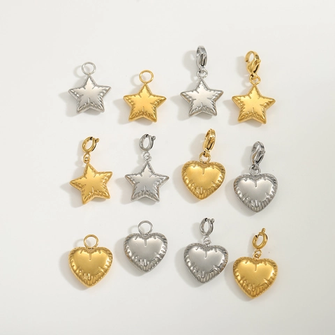 Stainless Steel Heart Star Puffy Pendant With Lobster Clasp 3D Quilted DIY Jewelry Making Accessories Gold Silver Charm