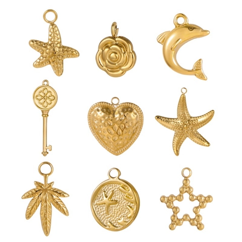 DIY Stainless Steel Pendant Charms For Jewelry Making Heart Starfish Dolphin Leaf Key Flower Gold Electroplated Metal Necklace Earrings Craft Components