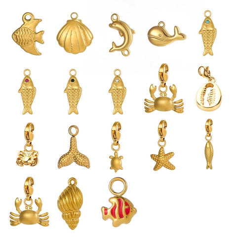 Ocean Series Gold Stainless Steel Pendants For DIY Jewelry Making Fish Shell Dolphin Whale Crab Turtle Starfish Animal Charms
