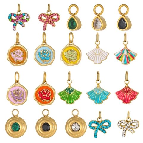 Vintage Stainless Steel Enamel Rose Fan Pendants DIY Jewelry Accessories Geometric Bowknot Rhinestone Charms For Necklaces