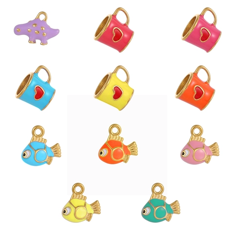 Stainless Steel Enamel Coffee Cup Fish Dinosaur Charms Sweet Cute Heart Pattern Pendants For DIY Jewelry Making Accessory