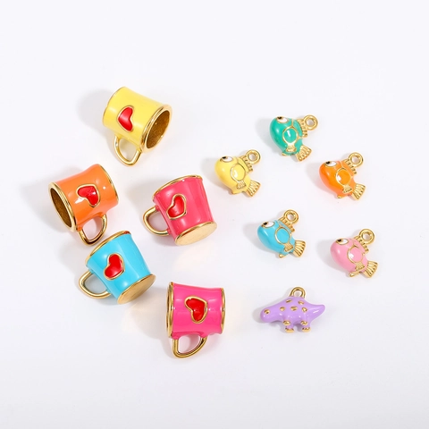 Stainless Steel Enamel Coffee Cup Fish Dinosaur Charms Sweet Cute Heart Pattern Pendants For DIY Jewelry Making Accessory