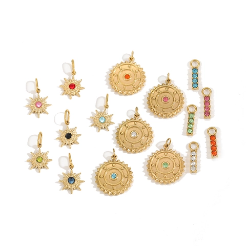 Stainless Steel Starburst Compass Round Disc Pendants For DIY Jewelry Making Gold Plated Colorful Rhinestone Charms Accessories For Necklace Bracelet Making Women