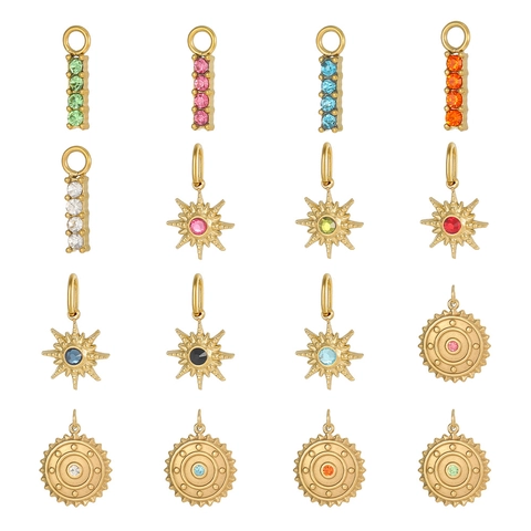 Stainless Steel Starburst Compass Round Disc Pendants For DIY Jewelry Making Gold Plated Colorful Rhinestone Charms Accessories For Necklace Bracelet Making Women