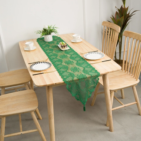 Vintage Hollow Lace Table Runner With Tassels French Retro Floral Crochet Polyester Tablecloth For Dining Room Decor