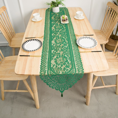 American Style Vintage Lace Table Runner With Tassel Floral Hollow Out Polyester Tablecloth For Kitchen Dining Home Decor