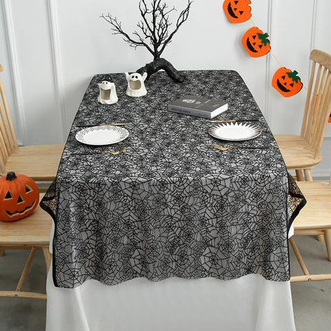 Halloween Spider Web Lace Tablecloth Black Gothic Rectangular Table Cover For Party Decoration Skull Ghost Hand Patterns