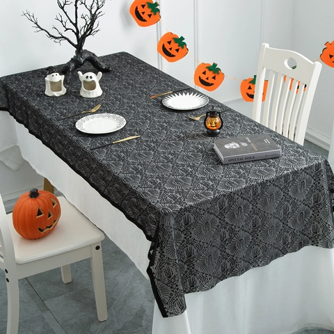 Halloween Black Lace Tablecloth Ghost Hand Skull Spider Web Rectangular Table Cover Haunted House Horror Gothic Party Decor
