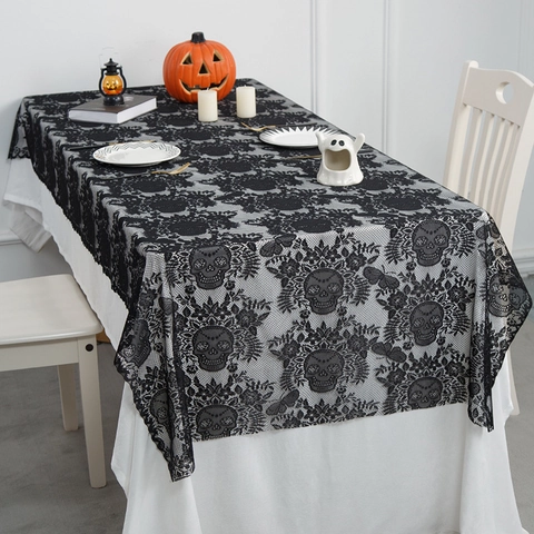 Halloween Decorations Black Lace Tablecloth Skeleton Spider Web Rectangle Table Cover For Haunted House Party Home Decor