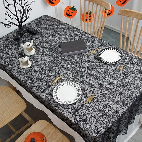Halloween Spider Web Lace Tablecloth Black Gothic Rectangular Table Cover For Party Decoration Skull Ghost Hand Patterns