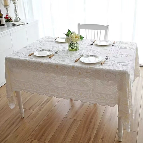 European White Floral Jacquard Tablecloth With Scalloped Lace Edge Rectangular Polyester Dustproof Decorative Table Cover