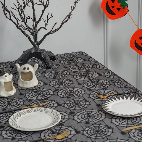 Halloween Black Lace Tablecloth Ghost Hand Skull Spider Web Rectangular Table Cover Haunted House Horror Gothic Party Decor