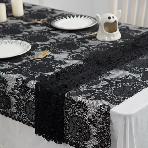 Halloween Decorations Black Lace Tablecloth Skeleton Spider Web Rectangle Table Cover For Haunted House Party Home Decor