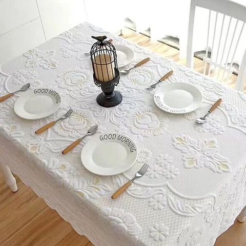 European White Floral Jacquard Tablecloth With Scalloped Lace Edge Rectangular Polyester Dustproof Decorative Table Cover