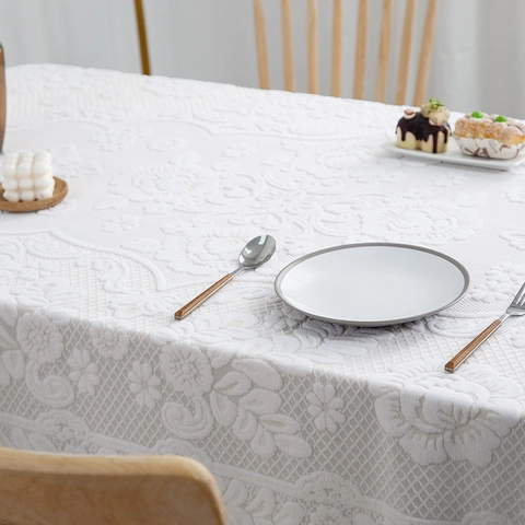 Europäische Elegante Weiße Spitze Tischdecke Polyester Floral Jacquard Rechteckig Staubdicht Tischdecke Für Home Dekoration