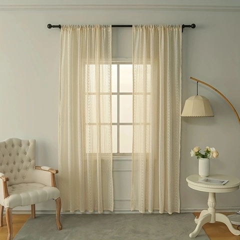 French Vintage Crochet Lace Sheer Curtain Tassel Hollow Out Floral Beige Window Voile Treatment For Living Room Home Decor