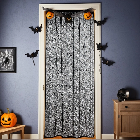 Tenda per Porta in Pizzo di Halloween Nera Poliestere Motivo Teschio Semi-Trasparente per Soggiorno Camera da Letto Decorazione Festa