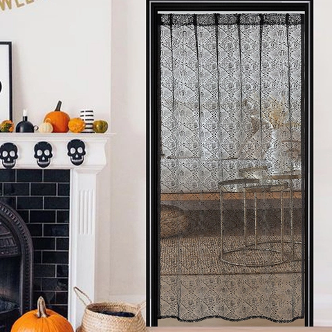 Tenda per Porta in Pizzo di Halloween Nera Poliestere Motivo Teschio Semi-Trasparente per Soggiorno Camera da Letto Decorazione Festa