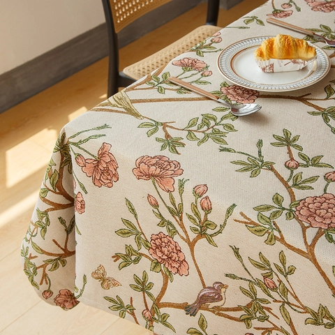 Nappe Jacquard Vintage Américaine Motif Floral Oiseau Polyester Rectangulaire Couverture De Table Pour Salle À Manger Maison Cuisine Décor