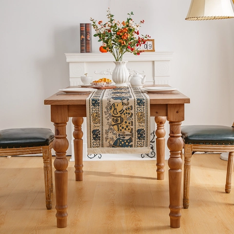 Chemin de Table Américain Motif Éléphant Ethnique Avec Glands Nappe Décorative en Polyester Jacquard pour Table à Manger