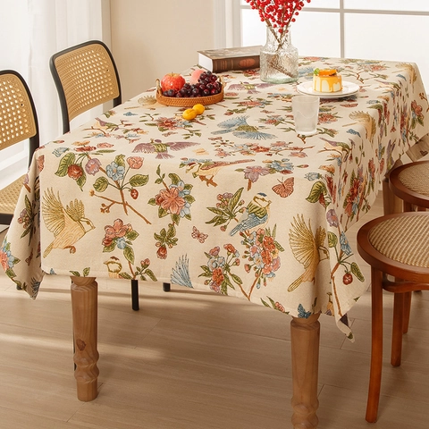 American Rural Polyester Chenille Tablecloth Waterproof Oilproof Jacquard Floral Bird Pattern Rectangular Table Cover