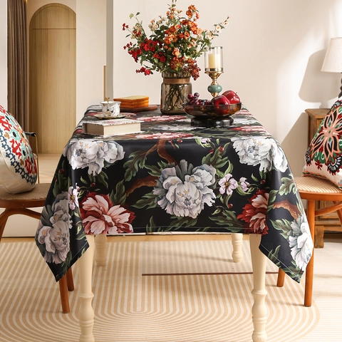 American Vintage Peony Floral Print Tablecloth Polyester Chenille Dustproof Rectangular Table Cover For Dining Party Wedding Home Decor