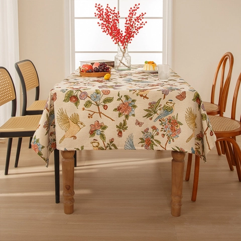 American Rural Polyester Chenille Tablecloth Waterproof Oilproof Jacquard Floral Bird Pattern Rectangular Table Cover