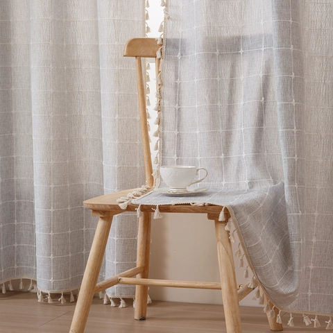 Modern Minimalist Grid Pattern Curtains With Tassel Fringe Yarn-Dyed Semi-Shading Polyester Window Treatment For Living Room