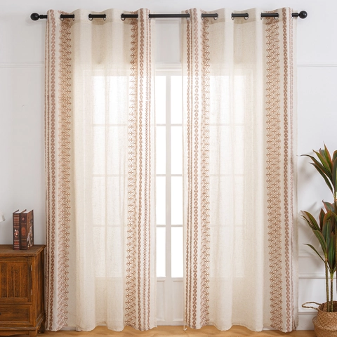Moderner Minimalistischer Polyester Beige Leinenoptik Gestickt Geometrisch Halblichtdurchlässiger Ösenvorhang Für Wohnzimmer Schlafzimmer
