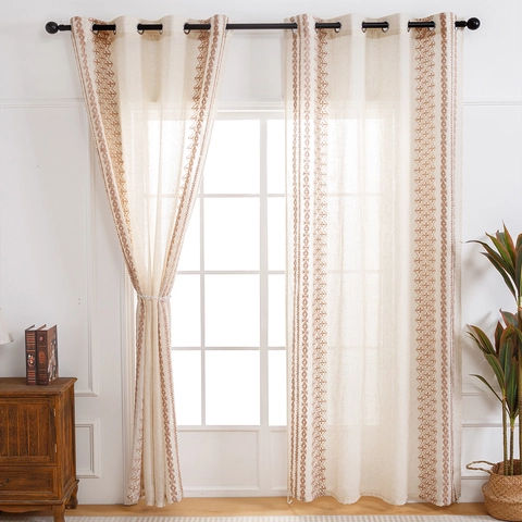 Moderner Minimalistischer Polyester Beige Leinenoptik Gestickt Geometrisch Halblichtdurchlässiger Ösenvorhang Für Wohnzimmer Schlafzimmer