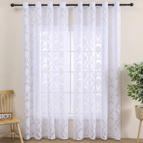 French Vintage White Lace Sheer Curtains For Living Room Damask Floral Jacquard Grommet Top Bedroom Window Treatments