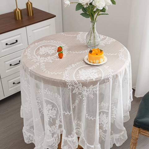 French Vintage Embroidered Lace Tablecloth Elegant Floral Hollow Out Table Cover With Ruffle Edge For Round Coffee Table