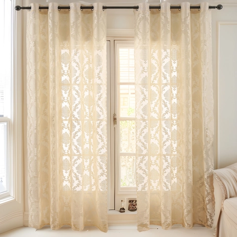 French Vintage Floral Lace Sheer Curtains For Living Room White Beige Damask Pattern Semi-Transparent Grommet Top Drapes