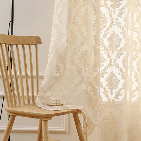 French Vintage Floral Lace Sheer Curtains For Living Room White Beige Damask Pattern Semi-Transparent Grommet Top Drapes