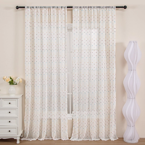White Sheer Curtain With Colorful Pom Poms Rod Pocket Semi Transparent Window Treatments For Living Room Bedroom Home Decor